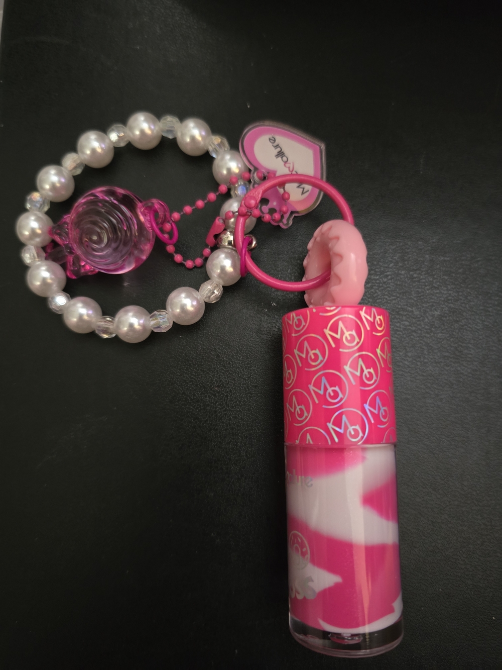 Moc Allure Pink Swirl Lip Gloss Keychain with Pearl Bracelet Charm